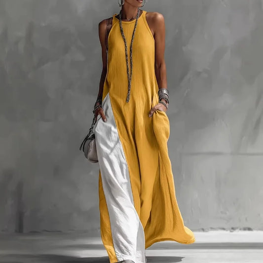 Trendy long dress for women, sleeveless, color block style, loose fit, Korean style, with high slit, pockets, solid color, round neck, versatile, urban style