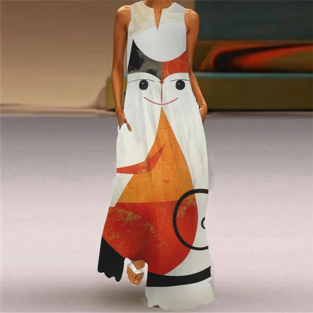 Robe longue imprimée chat abstrait pour femmes, mode Sexy, ajouré, col en v, sans manches, décontractée, vacances, fête, dîner, Maxi