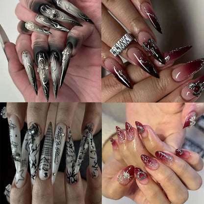 Faux ongles à presser style gothique sombre, avec motifs artistiques, polices anglaises, cœurs et chiffres, longs et pointus, pour manucure
