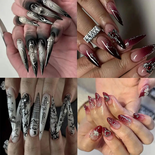 Faux ongles à presser style gothique sombre, avec motifs artistiques, polices anglaises, cœurs et chiffres, longs et pointus, pour manucure