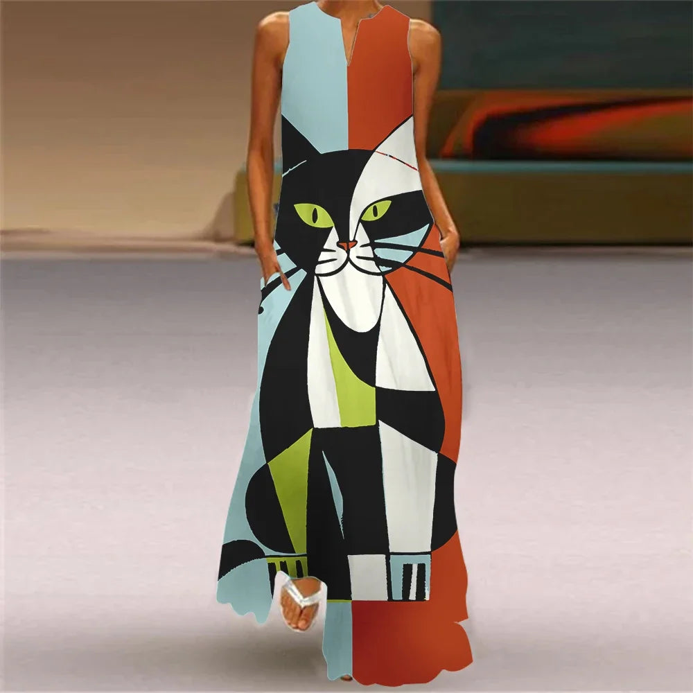 Robe longue imprimée chat abstrait pour femmes, mode Sexy, ajouré, col en v, sans manches, décontractée, vacances, fête, dîner, Maxi