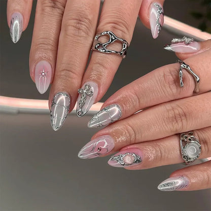 Faux ongles à presser style gothique sombre, avec motifs artistiques, polices anglaises, cœurs et chiffres, longs et pointus, pour manucure