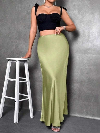 Jupe Midi Satin à Volants – Taille Haute