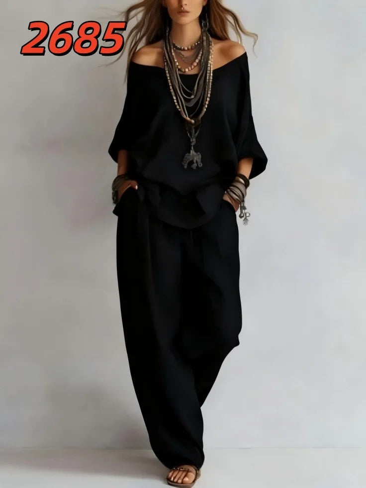 Ensemble 2 pièces décontracté pour femme : chemisier ample en lin et pantalon large taille haute à poches