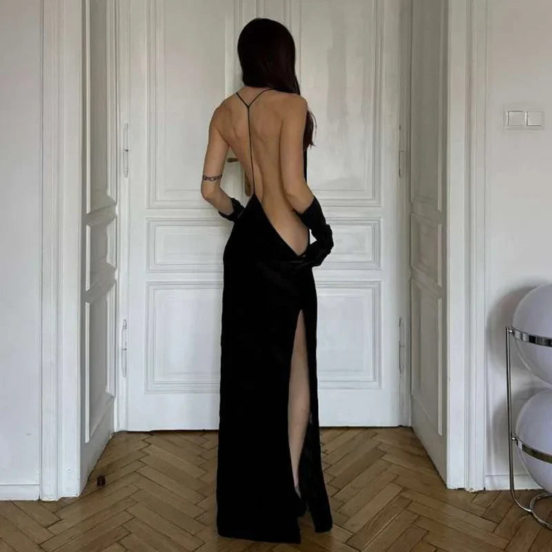Maxi robe longue en maille transparente – Licou, dos nu, fendue, sexy