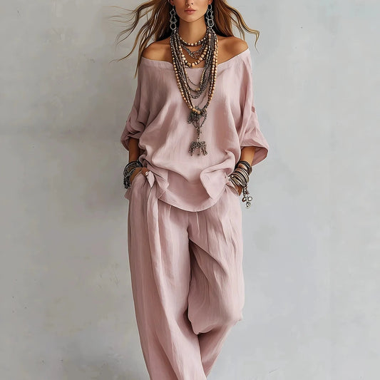 Women's casual 2-piece set: loose linen blouse and high-waisted wide-leg pants with pockets
