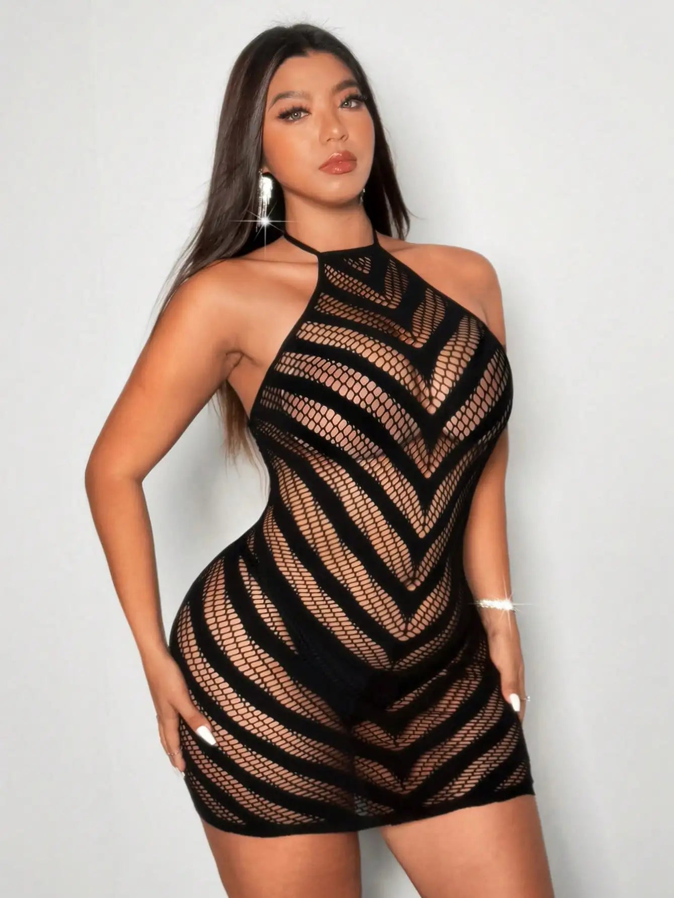Mini Robe Résille Sexy – Maille Ajourée Sans Manches