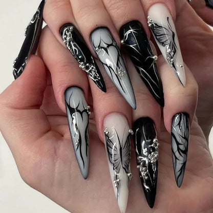 Faux ongles à presser style gothique sombre, avec motifs artistiques, polices anglaises, cœurs et chiffres, longs et pointus, pour manucure