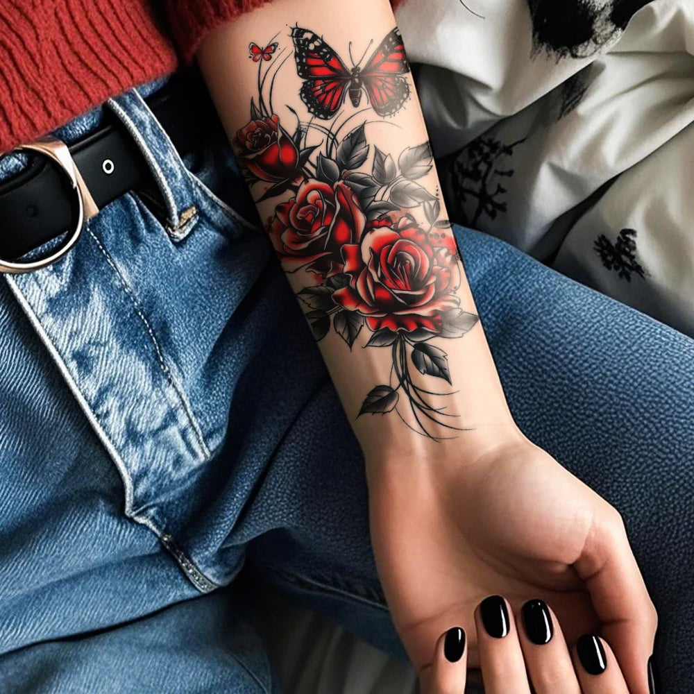 Autocollant de tatouage temporaire imperméable, 4 pièces, Style foncé, papillon, Rose rouge, fleurs, feuilles, bras d'art corporel, faux tatouages, manches pour femmes et hommes