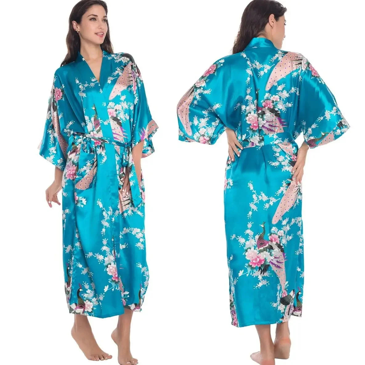 Imprimé fleur femme longue Robe chemise de nuit Robe de maison demi manches Kimono peignoir Robe ample décontracté soie Satin vêtements de détente pyjama