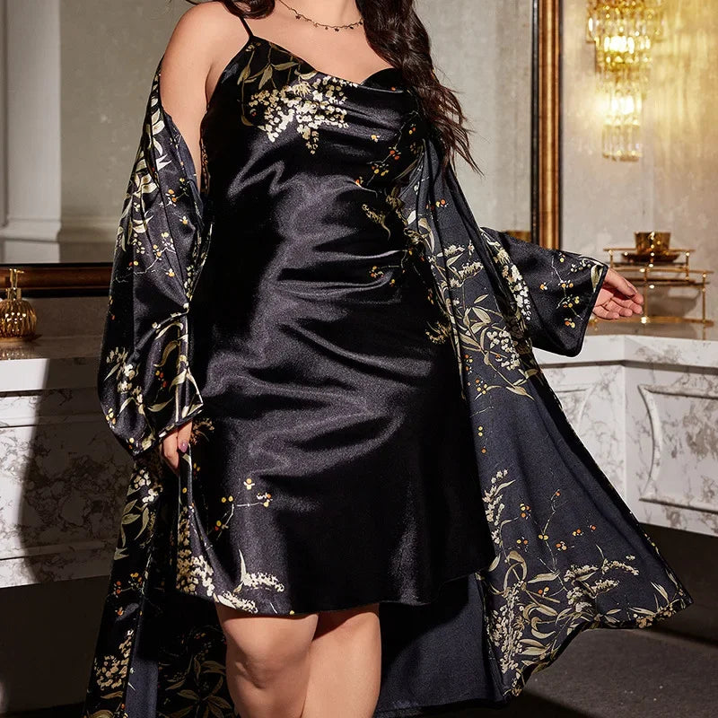 Peignoir Kimono Sexy en Satin pour Femme, Ensemble de 2 Pièces, Grande Taille 5XL, Chemise de Nuit à Bretelles, Vêtements de Maison