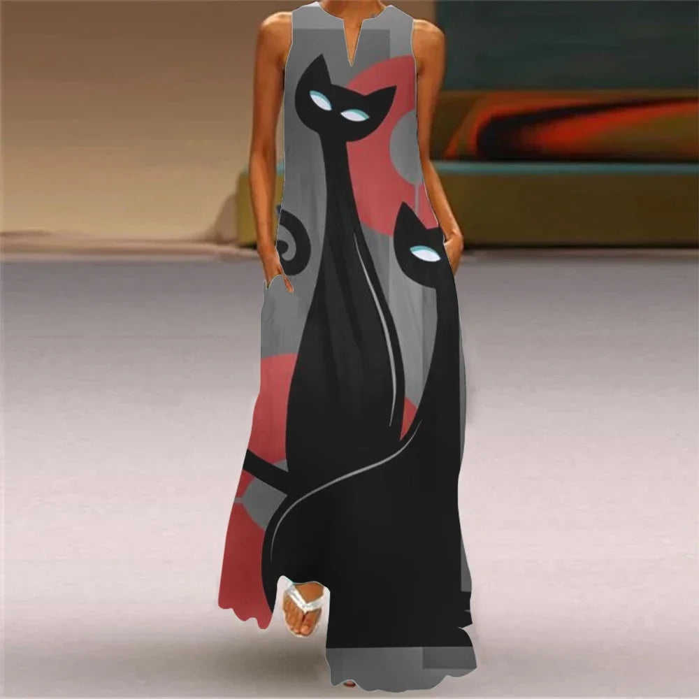Robe longue imprimée chat abstrait pour femmes, mode Sexy, ajouré, col en v, sans manches, décontractée, vacances, fête, dîner, Maxi