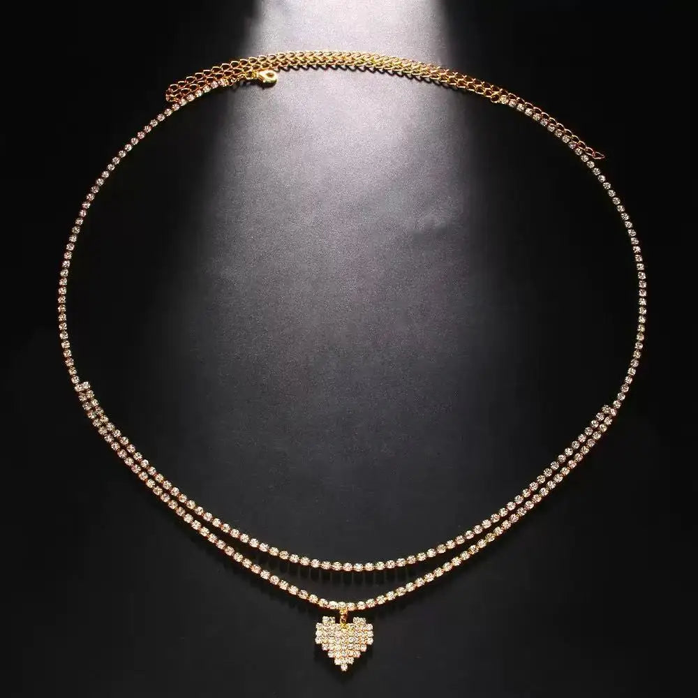 Chaîne de ventre strass – Double rang, pendentif goutte d’eau ou cœur