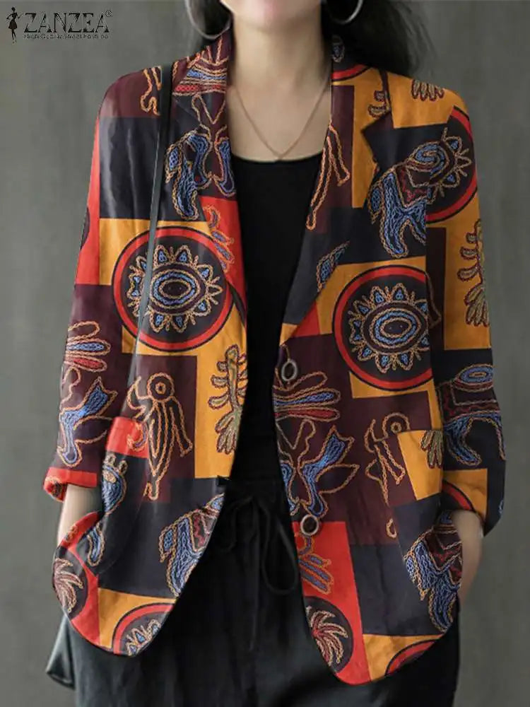 Blazer Vintage Imprimé Femme – 100% Coton, Coupe Droite