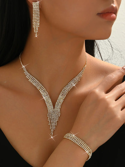 Ensemble de trois pièces de luxe avec strass, gouttelette d'eau, collier, boucles d'oreilles, Bracelet, chaîne de clavicule, accessoires, cadeau, 4 pièces