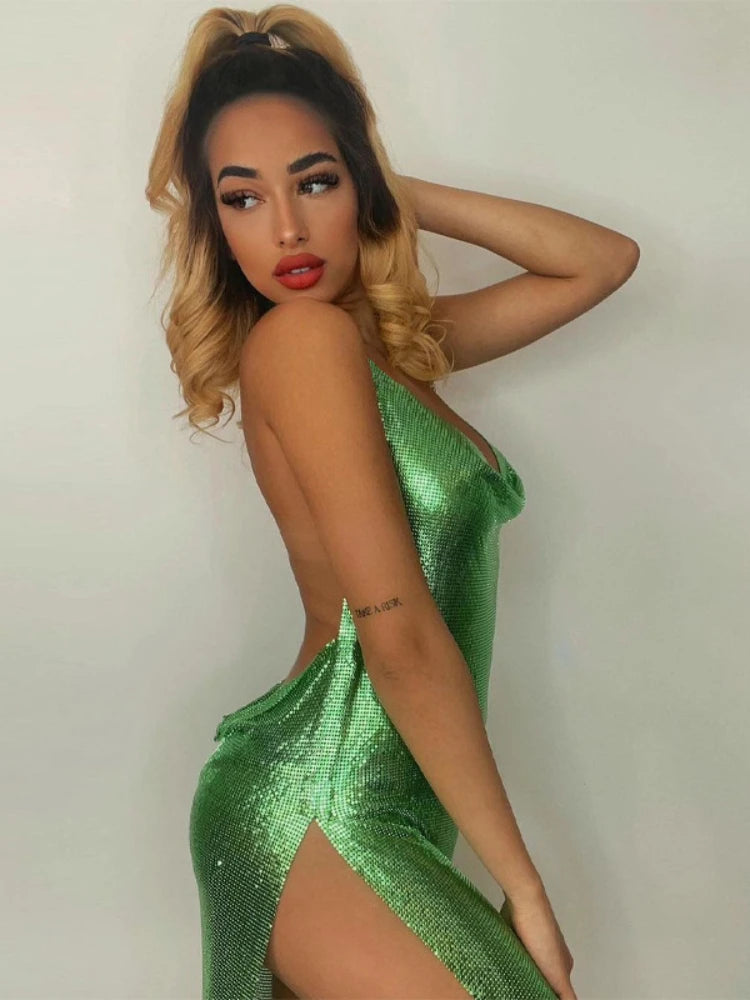 Robe courte élégante pour femmes, Sexy et à la mode, avec col suspendu, dos nu, bas de poitrine, paillettes, robe de danse de fête pour filles