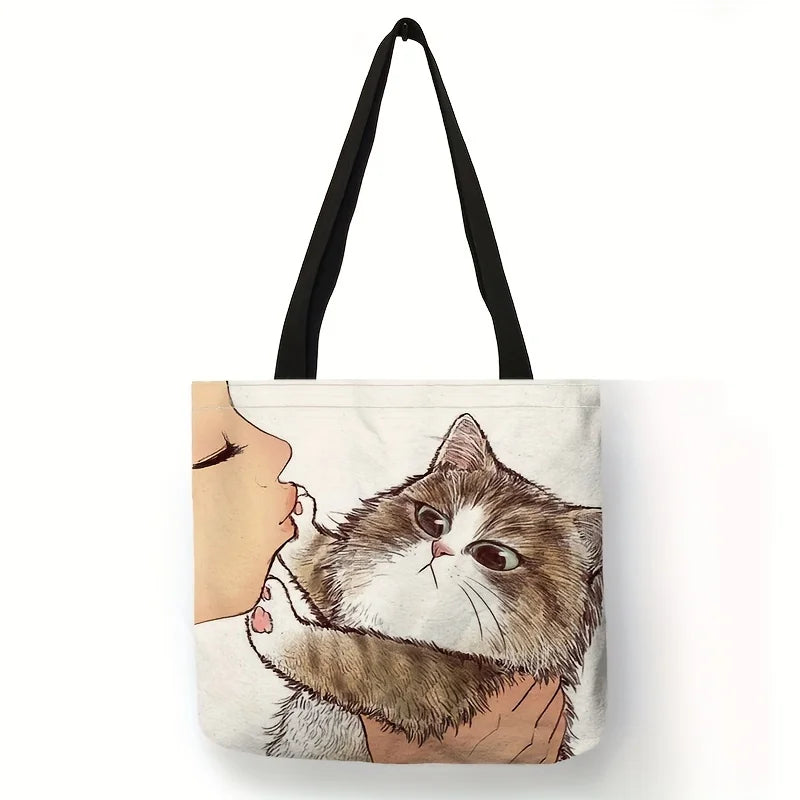 Sac fourre-tout imprimé chat de dessin animé mignon, sac à bandoulière de grande capacité, sac à main décontracté pour femmes pour le travail, l'école et le Shopping
