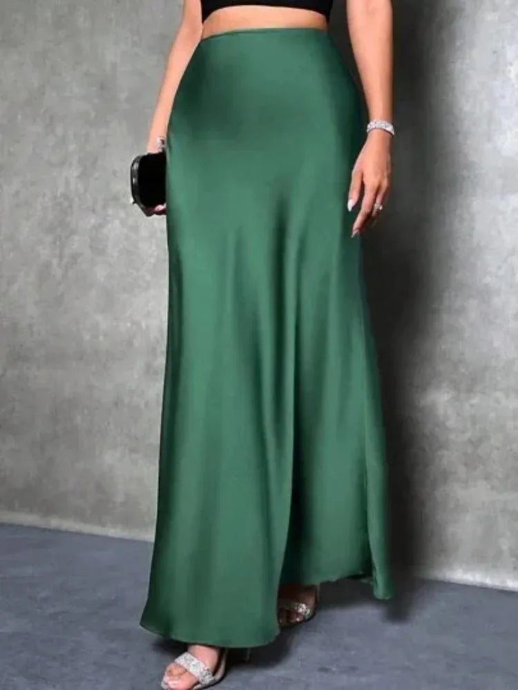 Jupe Midi Satin à Volants – Taille Haute