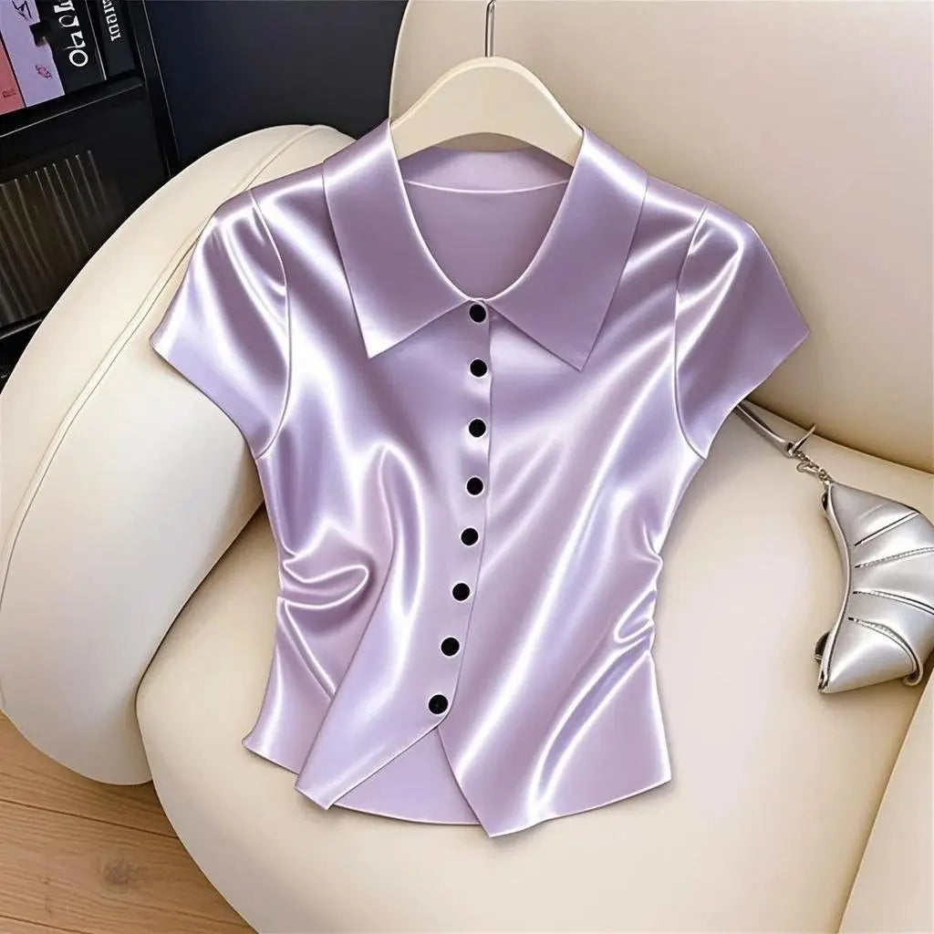 2026 été nouvelle mode tempérament boutons couleur unie chemises dames mode col rabattu à manches courtes Blouse femmes vêtements