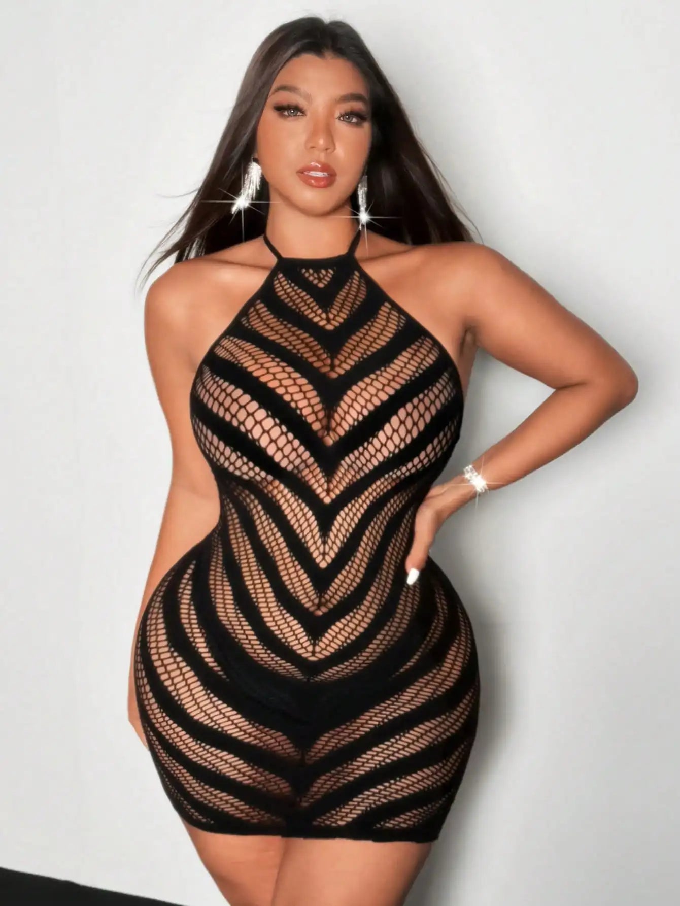 Mini Robe Résille Sexy – Maille Ajourée Sans Manches