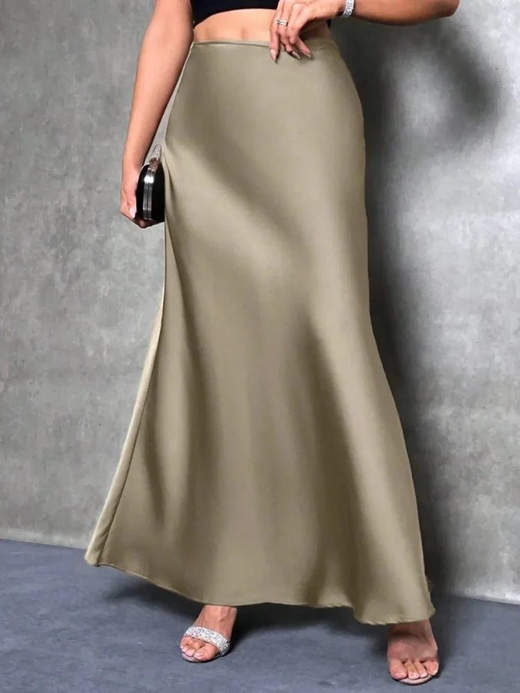 Jupe Midi Satin à Volants – Taille Haute