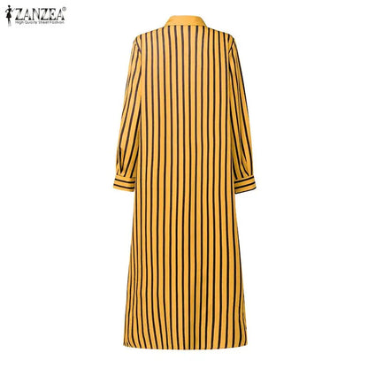 Robe Longue Rayée Bohème – Col Rabattu & Manches Longues