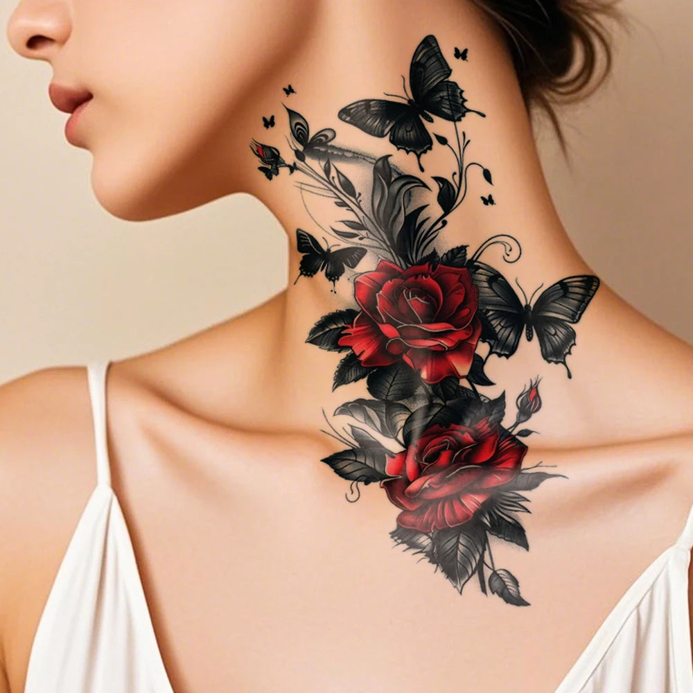 Autocollant de tatouage temporaire imperméable, 4 pièces, Style foncé, papillon, Rose rouge, fleurs, feuilles, bras d'art corporel, faux tatouages, manches pour femmes et hommes