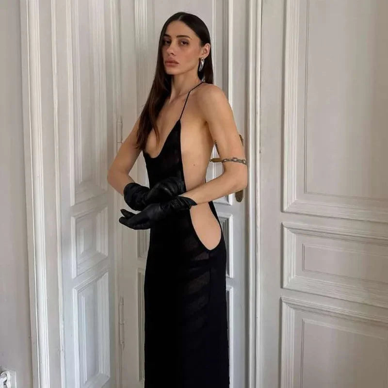 Maxi robe longue en maille transparente – Licou, dos nu, fendue, sexy