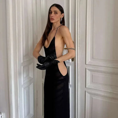 Maxi robe longue en maille transparente – Licou, dos nu, fendue, sexy