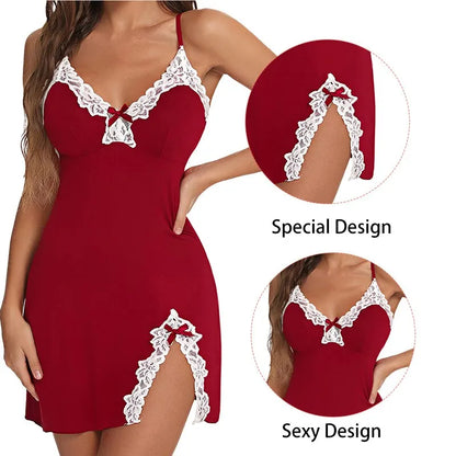 Chemise de nuit sexy en dentelle pour femmes, vêtements de nuit en satin, col en V, ourlet fendu, lingerie douce, robe de nuit en fibre, vêtements féminins