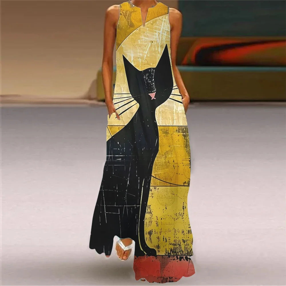 Robe longue imprimée chat abstrait pour femmes, mode Sexy, ajouré, col en v, sans manches, décontractée, vacances, fête, dîner, Maxi