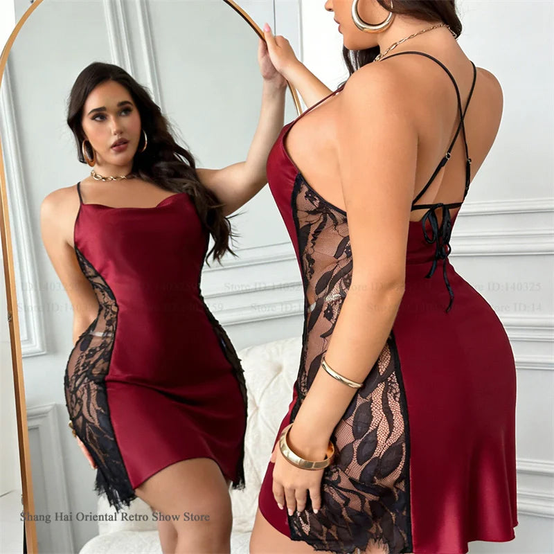Chemise de nuit pour femme grande taille 3XL 4XL 5XL, nuisette sexy en dentelle ajourée, lingerie ample en satin, vêtement d'intérieur