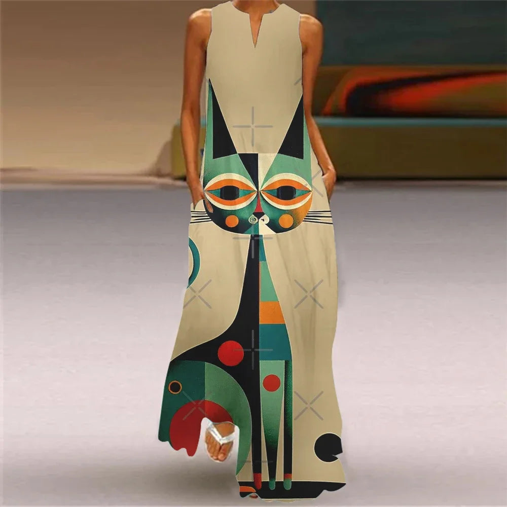 Robe longue imprimée chat abstrait pour femmes, mode Sexy, ajouré, col en v, sans manches, décontractée, vacances, fête, dîner, Maxi