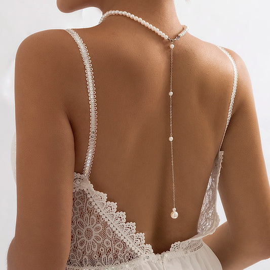 Elegant Vintage Choker Necklace for Women, Simulated Pearl Long Tassel Chain Pendant Wedding Jewelry, Bikini Body Chain