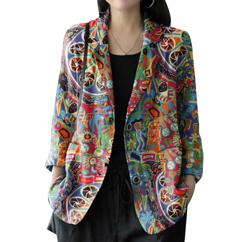 Blazer Vintage Imprimé Femme – 100% Coton, Coupe Droite