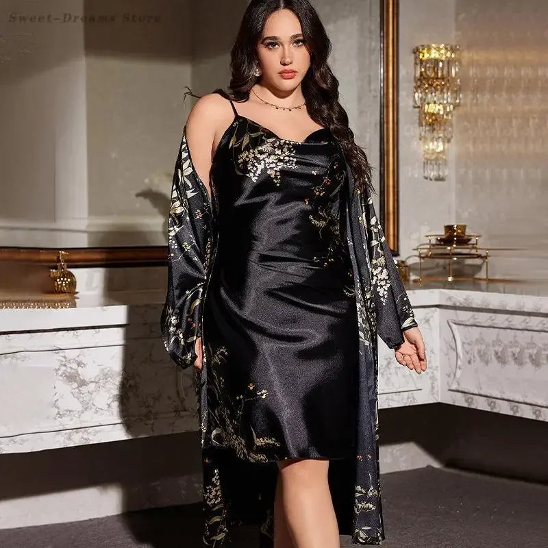 Peignoir Kimono Sexy en Satin pour Femme, Ensemble de 2 Pièces, Grande Taille 5XL, Chemise de Nuit à Bretelles, Vêtements de Maison