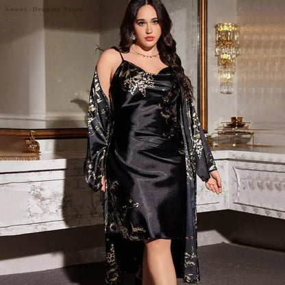Peignoir Kimono Sexy en Satin pour Femme, Ensemble de 2 Pièces, Grande Taille 5XL, Chemise de Nuit à Bretelles, Vêtements de Maison