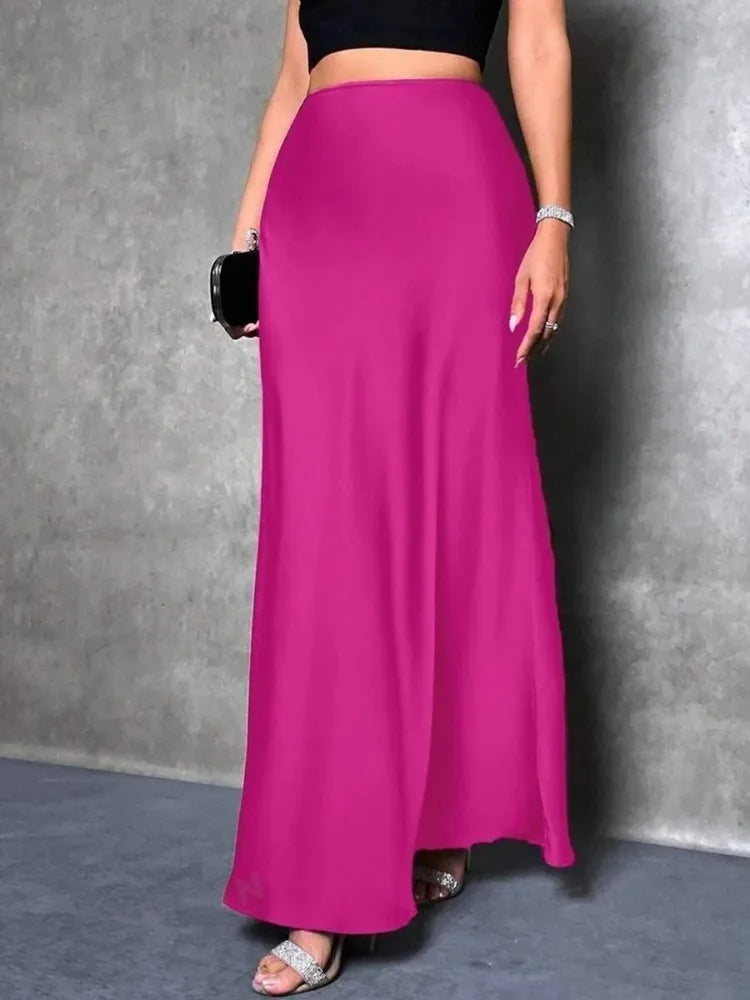 Jupe Midi Satin à Volants – Taille Haute
