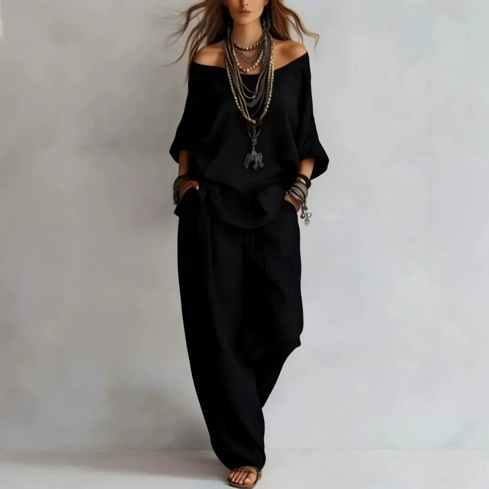 Ensemble 2 pièces décontracté pour femme : chemisier ample en lin et pantalon large taille haute à poches