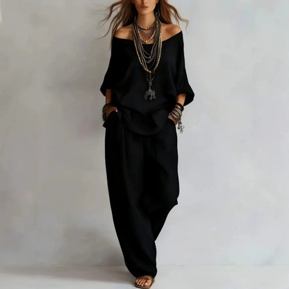 Ensemble 2 pièces décontracté pour femme : chemisier ample en lin et pantalon large taille haute à poches