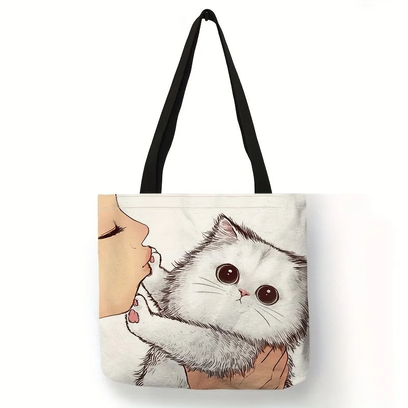 Sac fourre-tout imprimé chat de dessin animé mignon, sac à bandoulière de grande capacité, sac à main décontracté pour femmes pour le travail, l'école et le Shopping