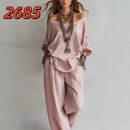 Ensemble 2 pièces décontracté pour femme : chemisier ample en lin et pantalon large taille haute à poches