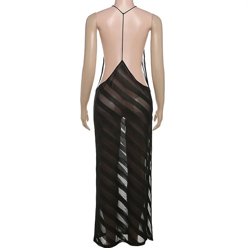 Maxi robe longue en maille transparente – Licou, dos nu, fendue, sexy
