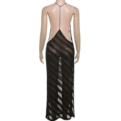 Maxi robe longue en maille transparente – Licou, dos nu, fendue, sexy