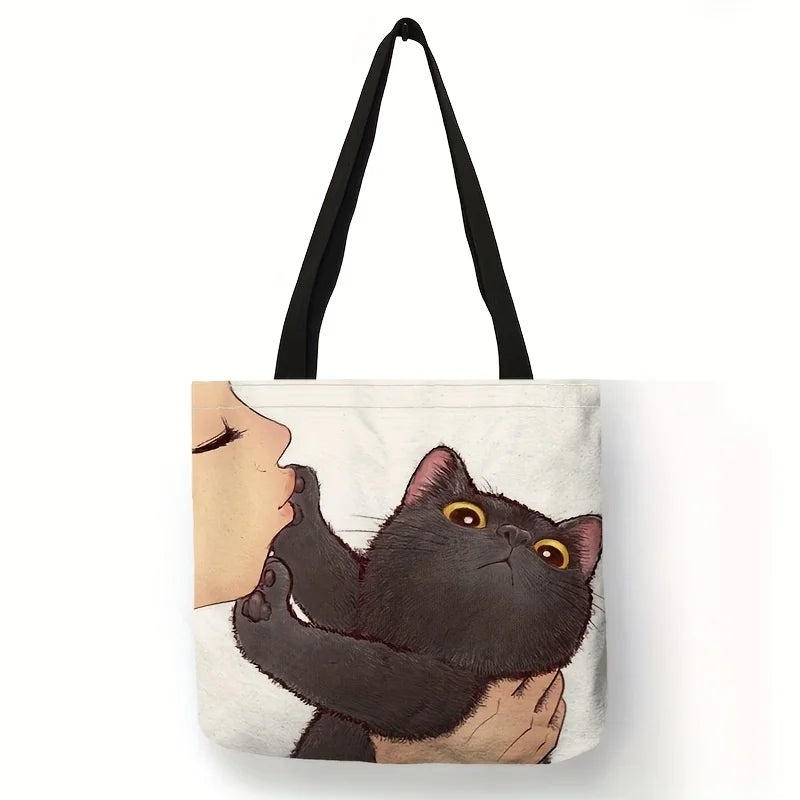 Sac fourre-tout imprimé chat de dessin animé mignon, sac à bandoulière de grande capacité, sac à main décontracté pour femmes pour le travail, l'école et le Shopping
