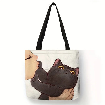 Sac fourre-tout imprimé chat de dessin animé mignon, sac à bandoulière de grande capacité, sac à main décontracté pour femmes pour le travail, l'école et le Shopping