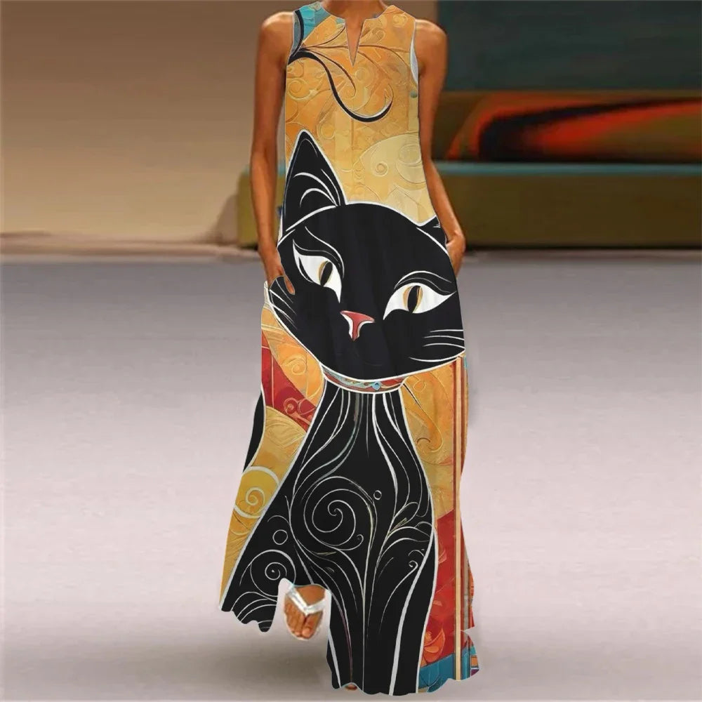 Robe longue imprimée chat abstrait pour femmes, mode Sexy, ajouré, col en v, sans manches, décontractée, vacances, fête, dîner, Maxi