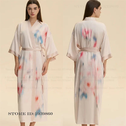 Imprimé fleur femme longue Robe chemise de nuit Robe de maison demi manches Kimono peignoir Robe ample décontracté soie Satin vêtements de détente pyjama