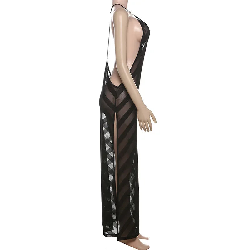 Maxi robe longue en maille transparente – Licou, dos nu, fendue, sexy