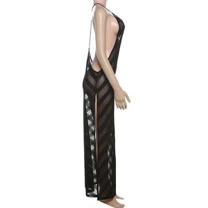 Maxi robe longue en maille transparente – Licou, dos nu, fendue, sexy